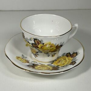 One Set Of Rosina bone china tea cup and saucers Yellow Rose Gold Rim England